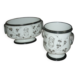 Jardinière et pot en porcelaine peinte signés P. AGIN