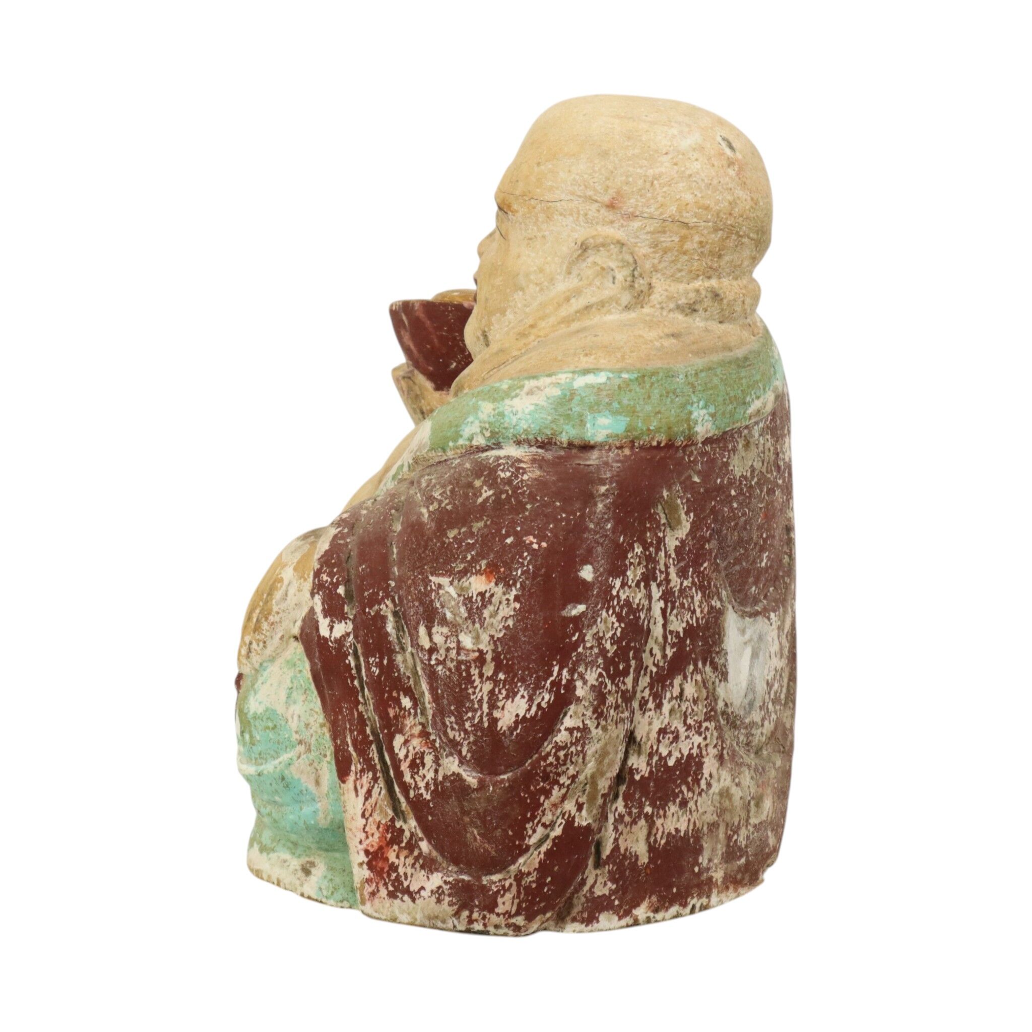 Large XL Polychrome Wooden Laughing Buddha Statue 47 cm