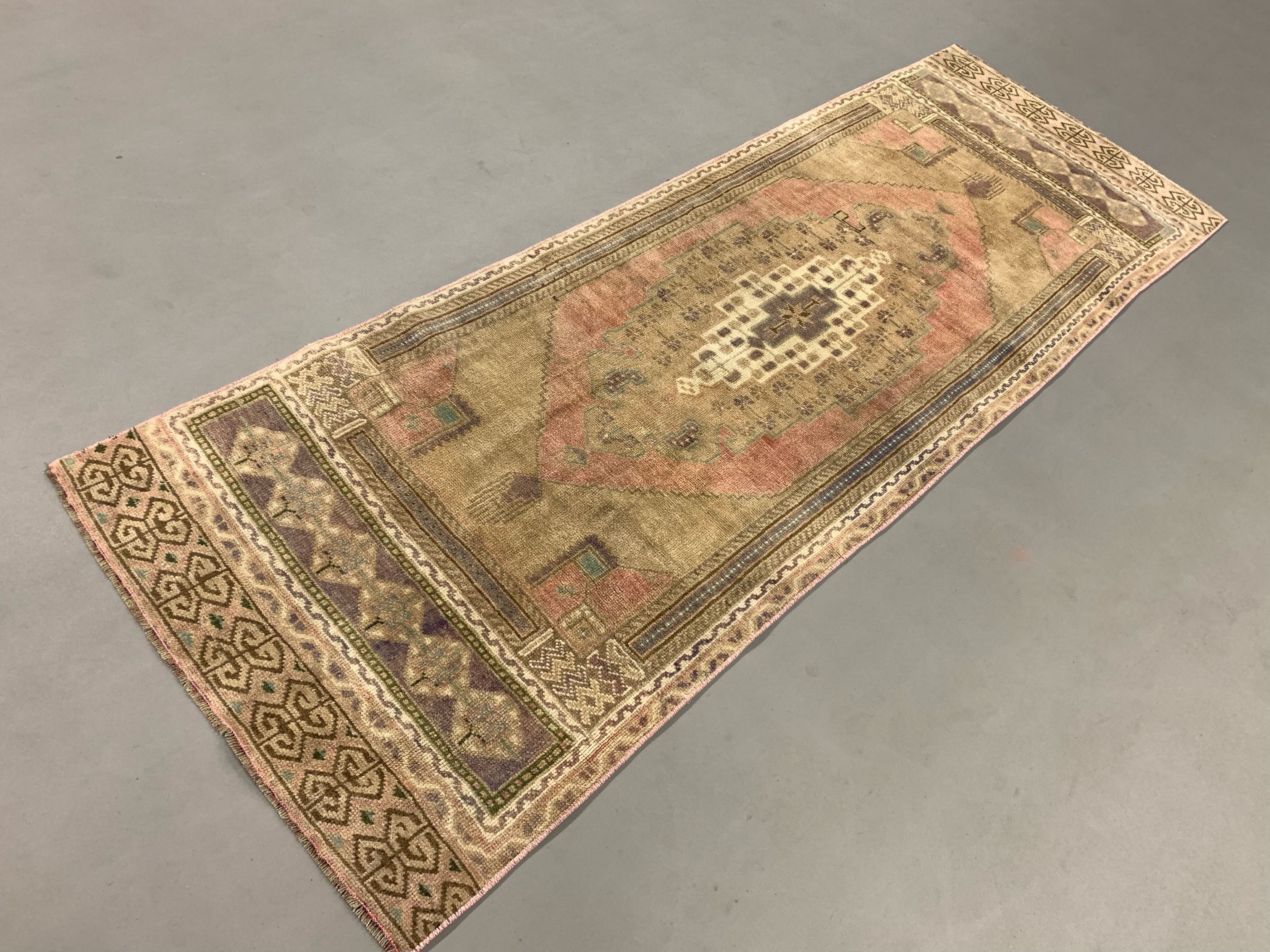 Turkish rug 266x91 cm wool vintage shabby chic runner green, beige