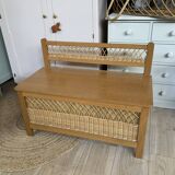 Banc coffre bois et rotin vintage