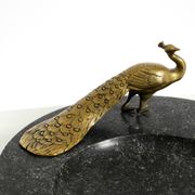 Beautiful, large black granite valet tray featuring a brass peacock, circa
