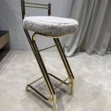 Mid-Century Modern Z Frame Bar Stools in Gold and Natural Shearling - Pair