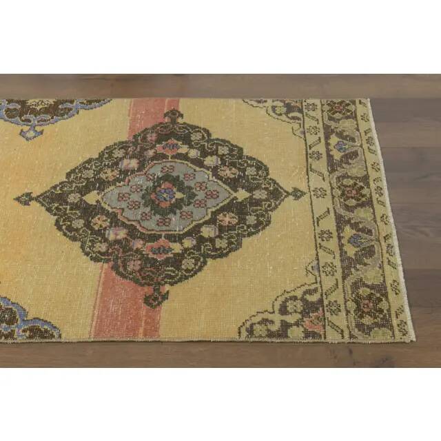 1970s Vintage Turkish Hand-Knotted Wool Cotton Yellow Runner Rug  74x383