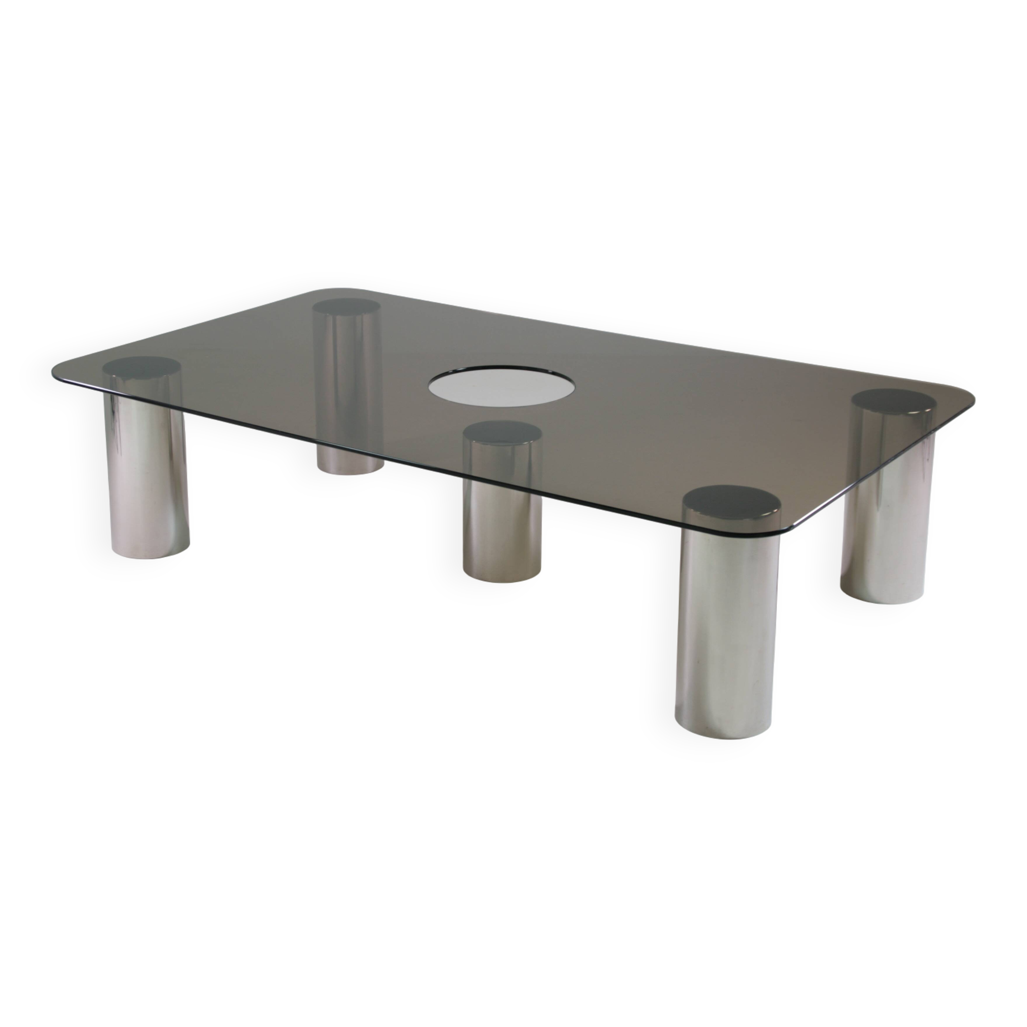 Large coffee table in chromed metal and smoked glass, Italy 1970