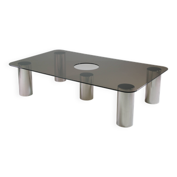 Large coffee table in chromed metal and smoked glass, Italy 1970