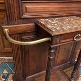 Solid walnut vestibule coat rack with oval mirror and bronze hooks