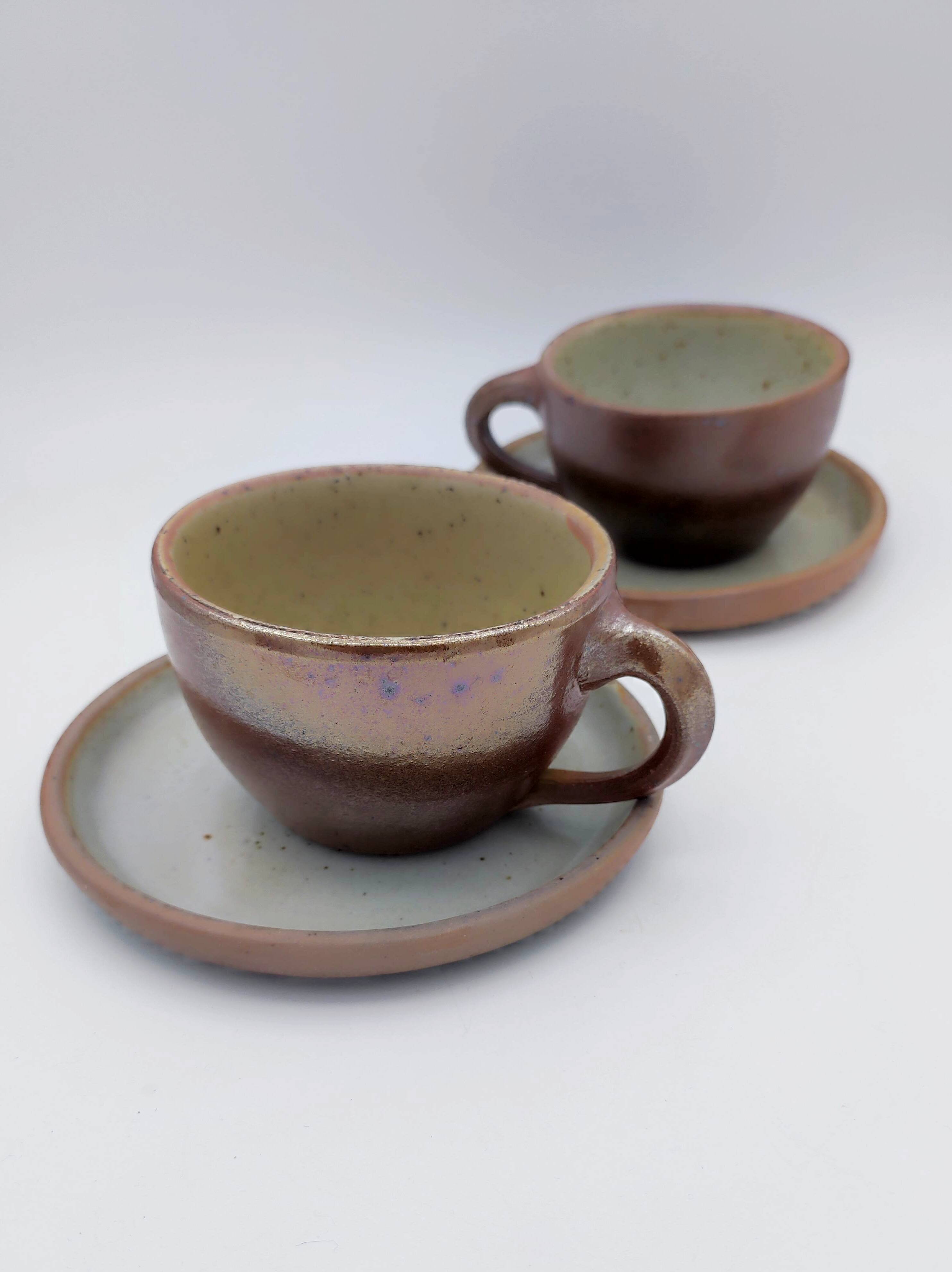 Cups and saucer in traditional Puisaye stoneware.