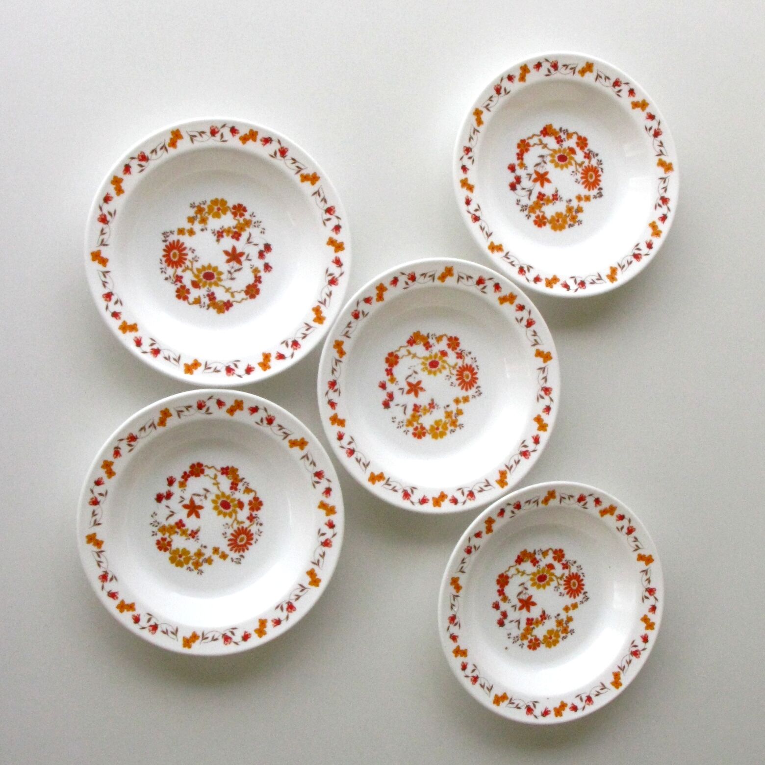 Lot 5 arcopal hollow plates -decorated with orange flowers