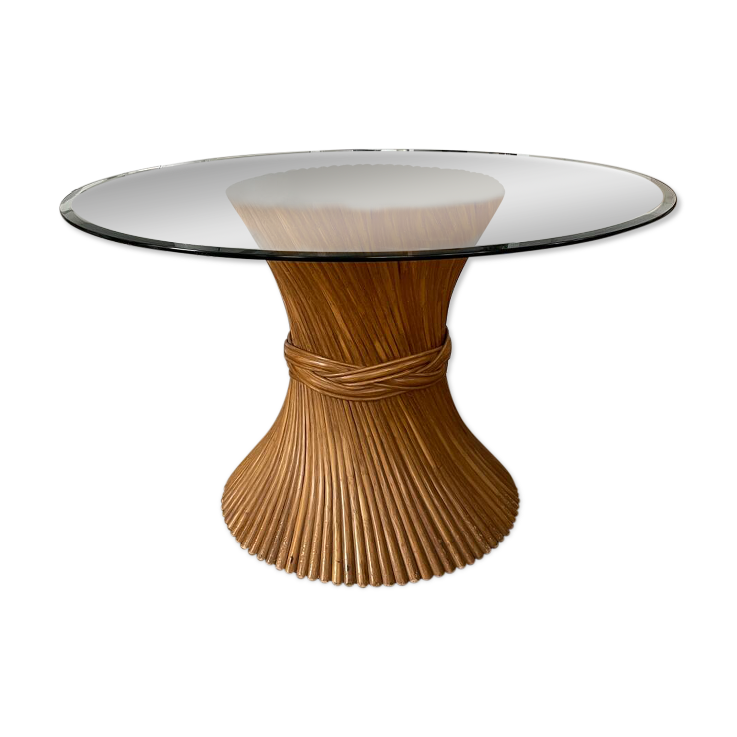 McGuire Bamboo Table – wheat sheaf base, round glass top