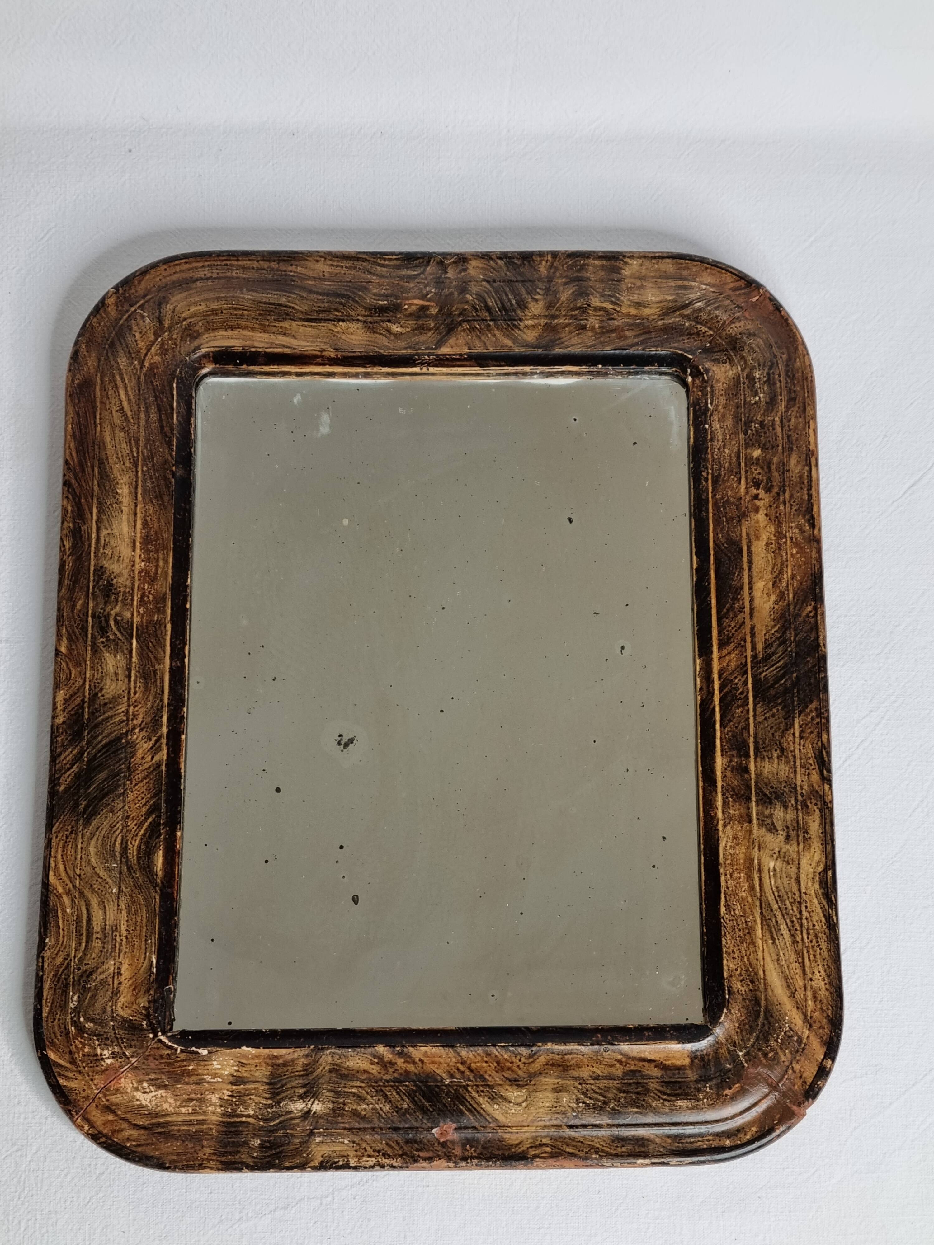Antique Louis-Philippe mirror, rounded corners, imitation wood, 30 x 37 cm
