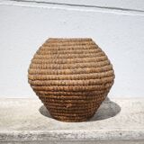 Old basket, burgundy straw and bramble, woven basket, interior decoration