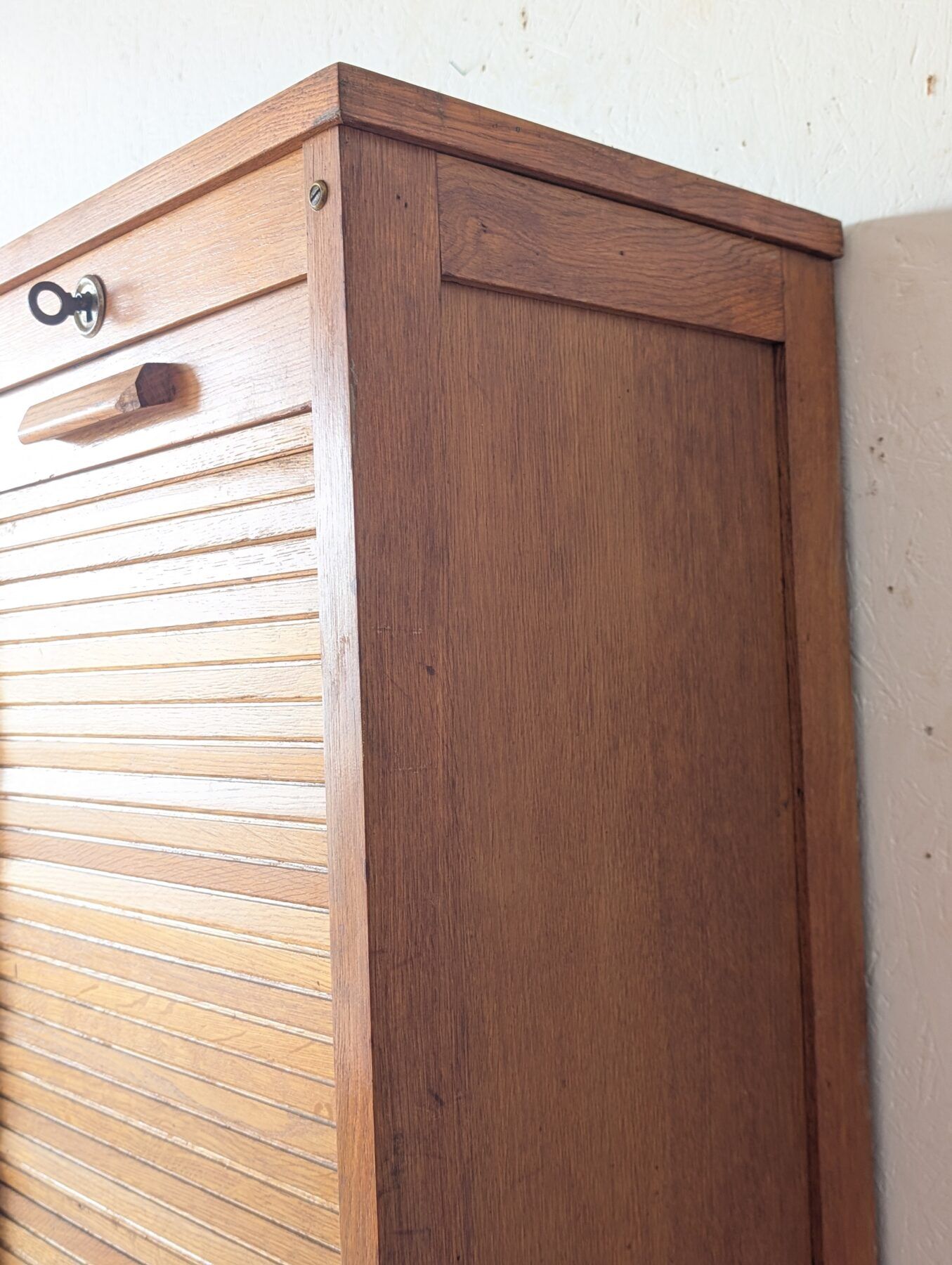 Old workshop furniture, oak curtain cabinet.