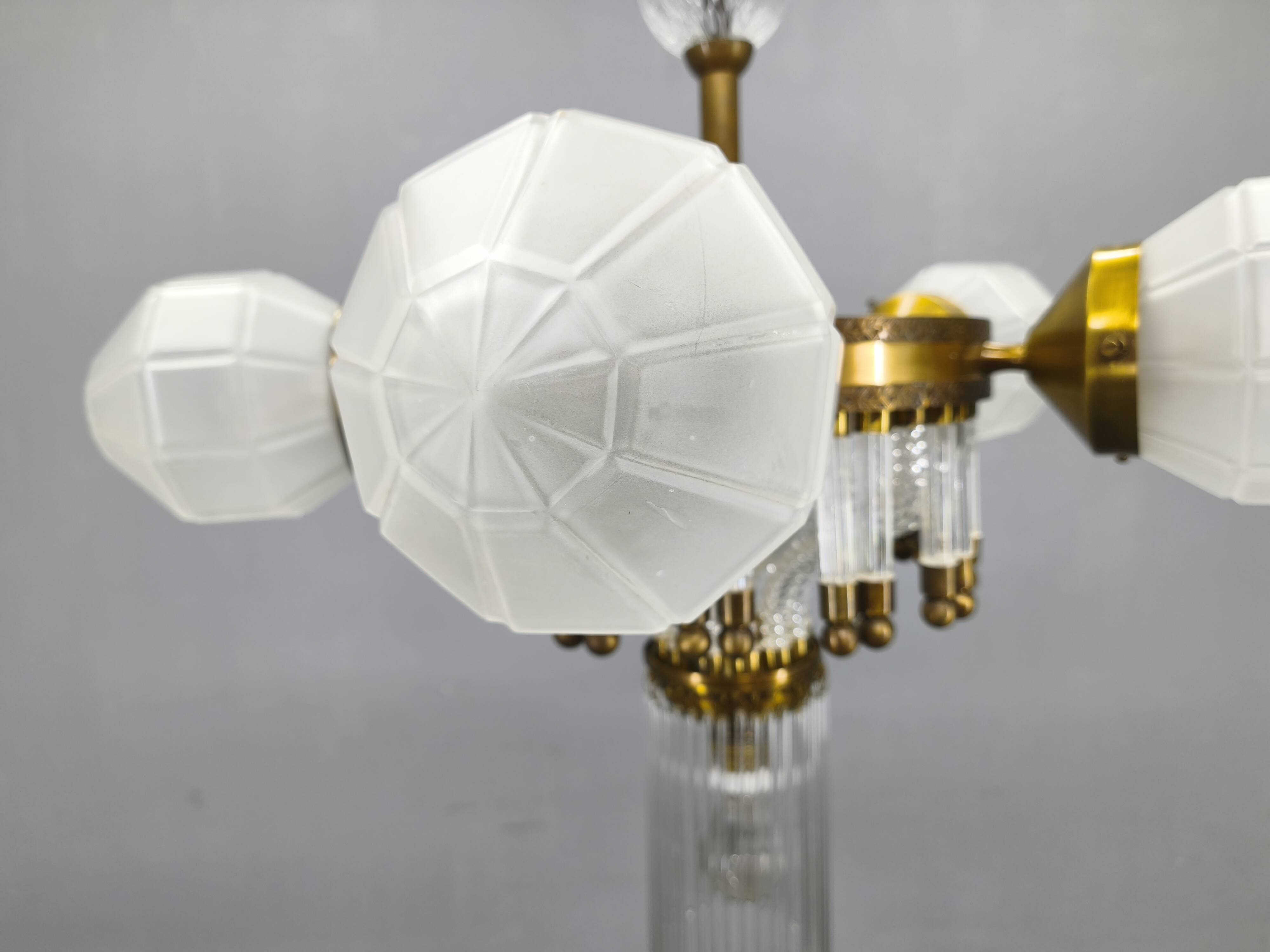 Czech Art Deco Brass and Glass Chandelier, 1950s