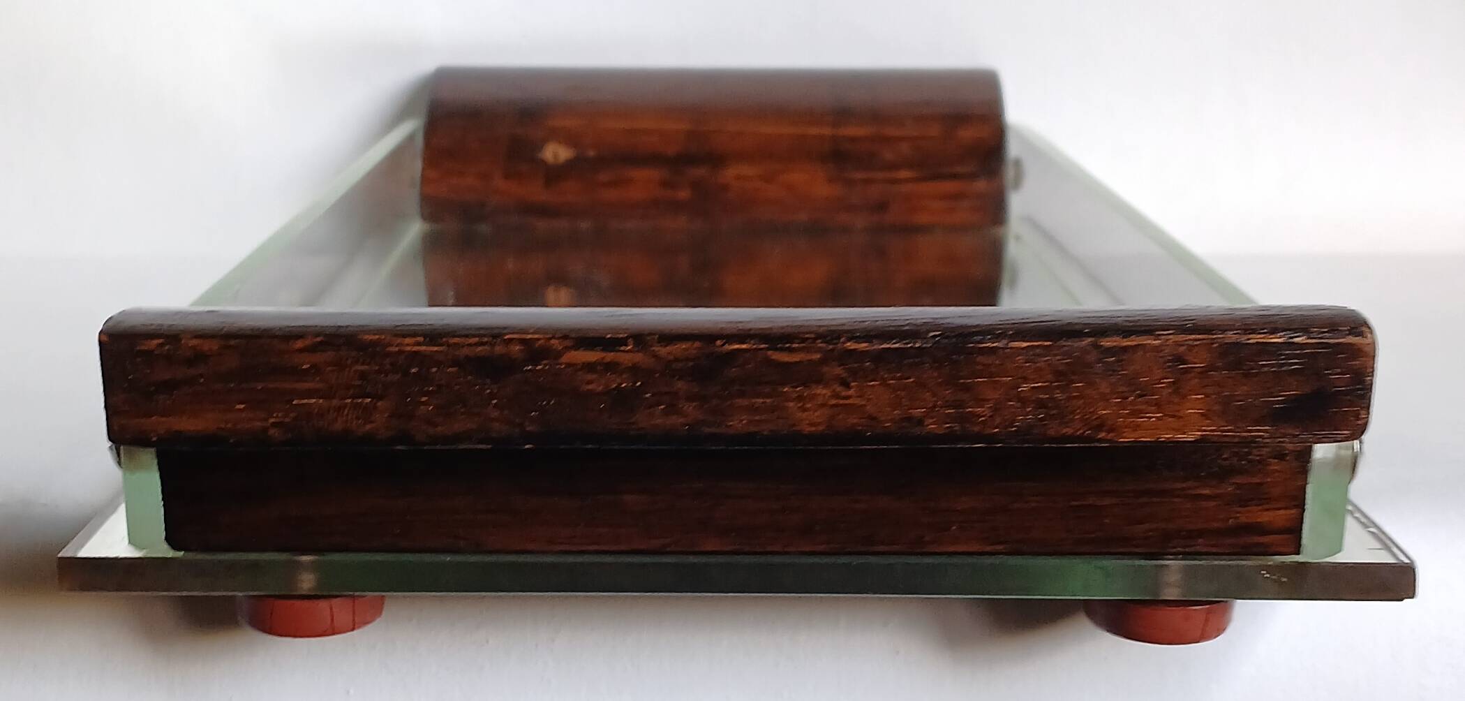 Art Deco mirror, glass & exotic wood courtesy tray. 1930s