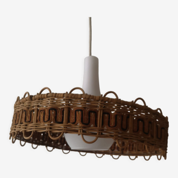 Scandinavian cylindrical pendant lamp with rattan dial and opaline in real and smoked glass