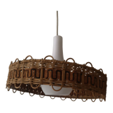 Scandinavian cylindrical pendant lamp with rattan dial and opaline in real and smoked glass
