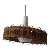 Scandinavian cylindrical pendant lamp with rattan dial and opaline in real and smoked glass