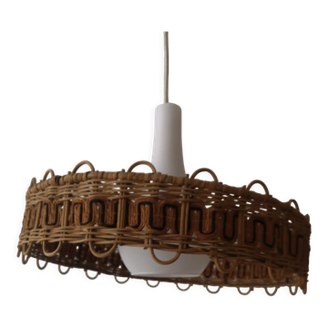 Scandinavian cylindrical pendant lamp with rattan dial and opaline in real and smoked glass