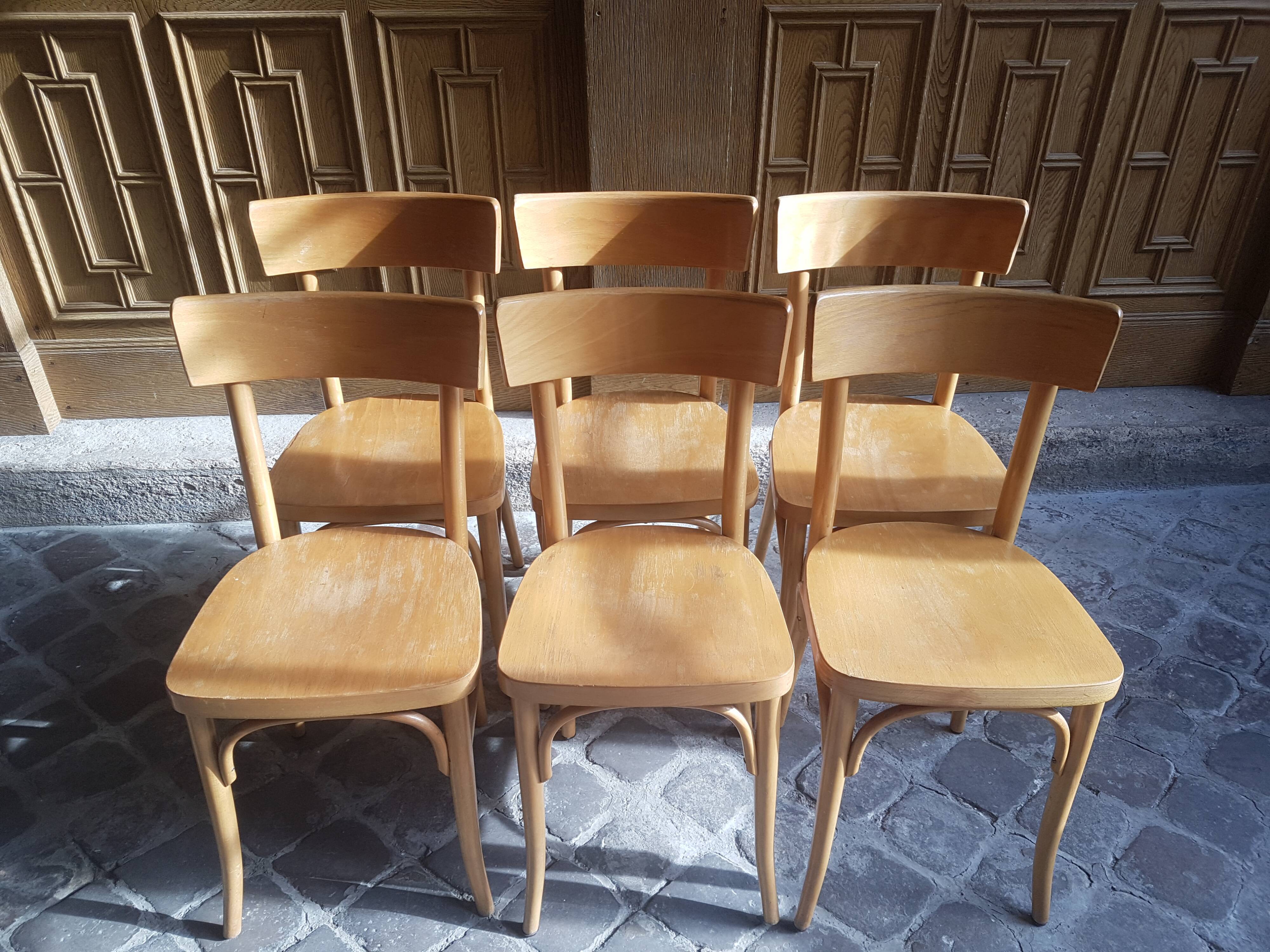 Lot of 6 vintage light wooden bistro chairs