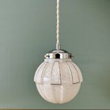 Vintage art deco globe pendant light in white and silver Clichy glass