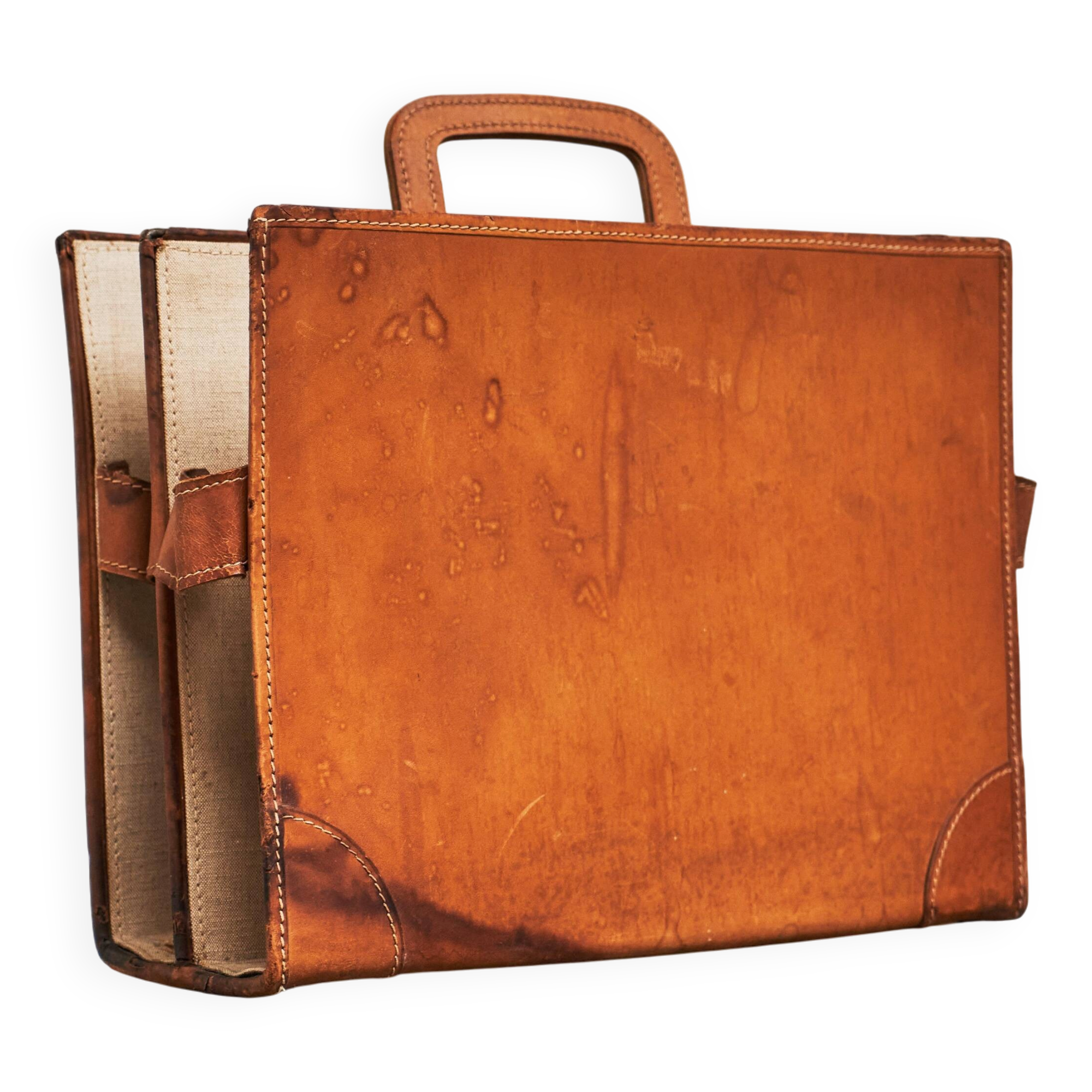Trompe-l'Oeil magazine rack 'Actentasche' in patinated leather and canvas