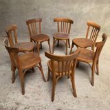 Series lot of 7 old bistro chairs in vintage curved wood