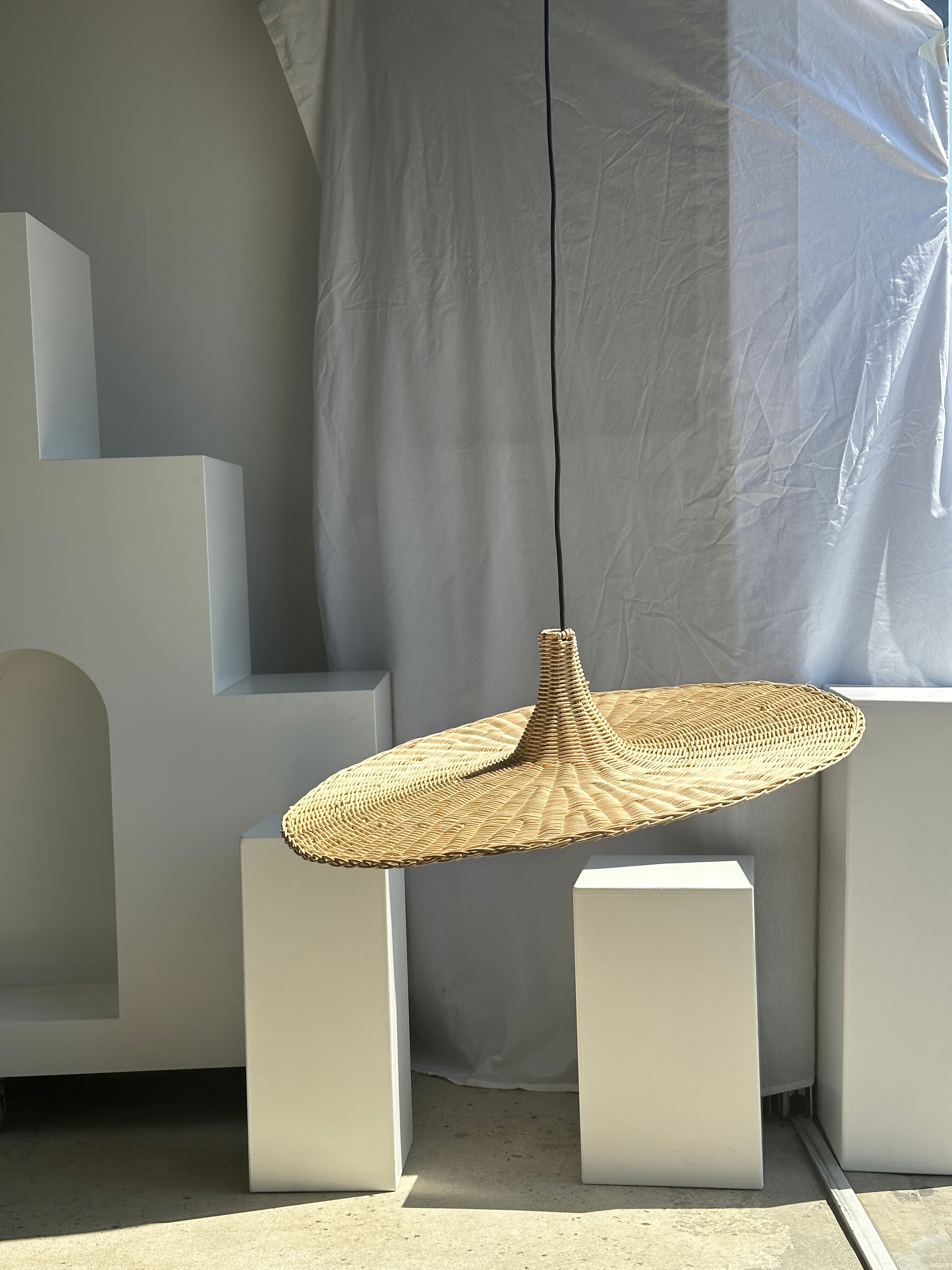 Large suspension, rattan luminaire in hat shape D:80cm