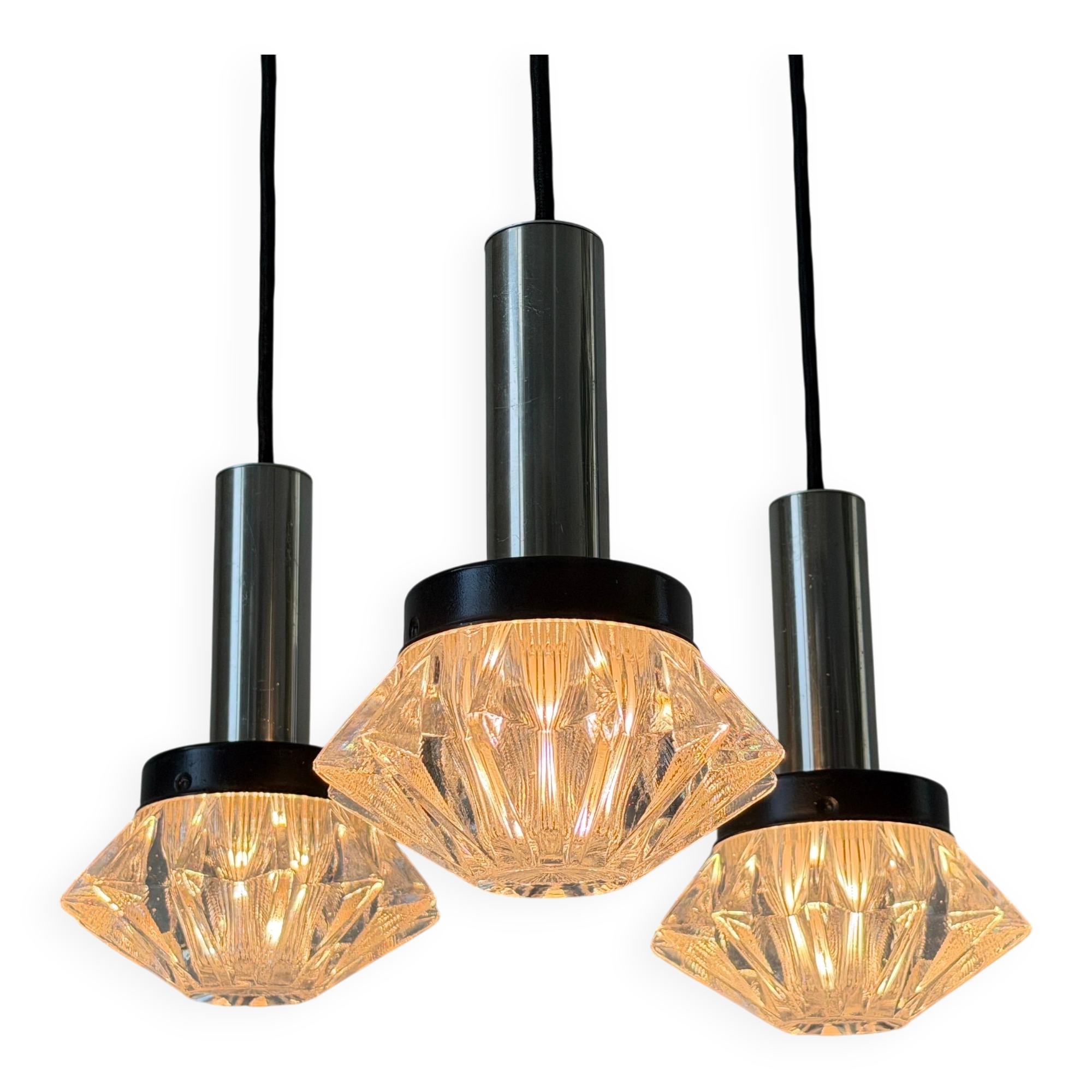 Suspended cascade lamp with 3 glass crystal and metal shades, 1960s, Germany