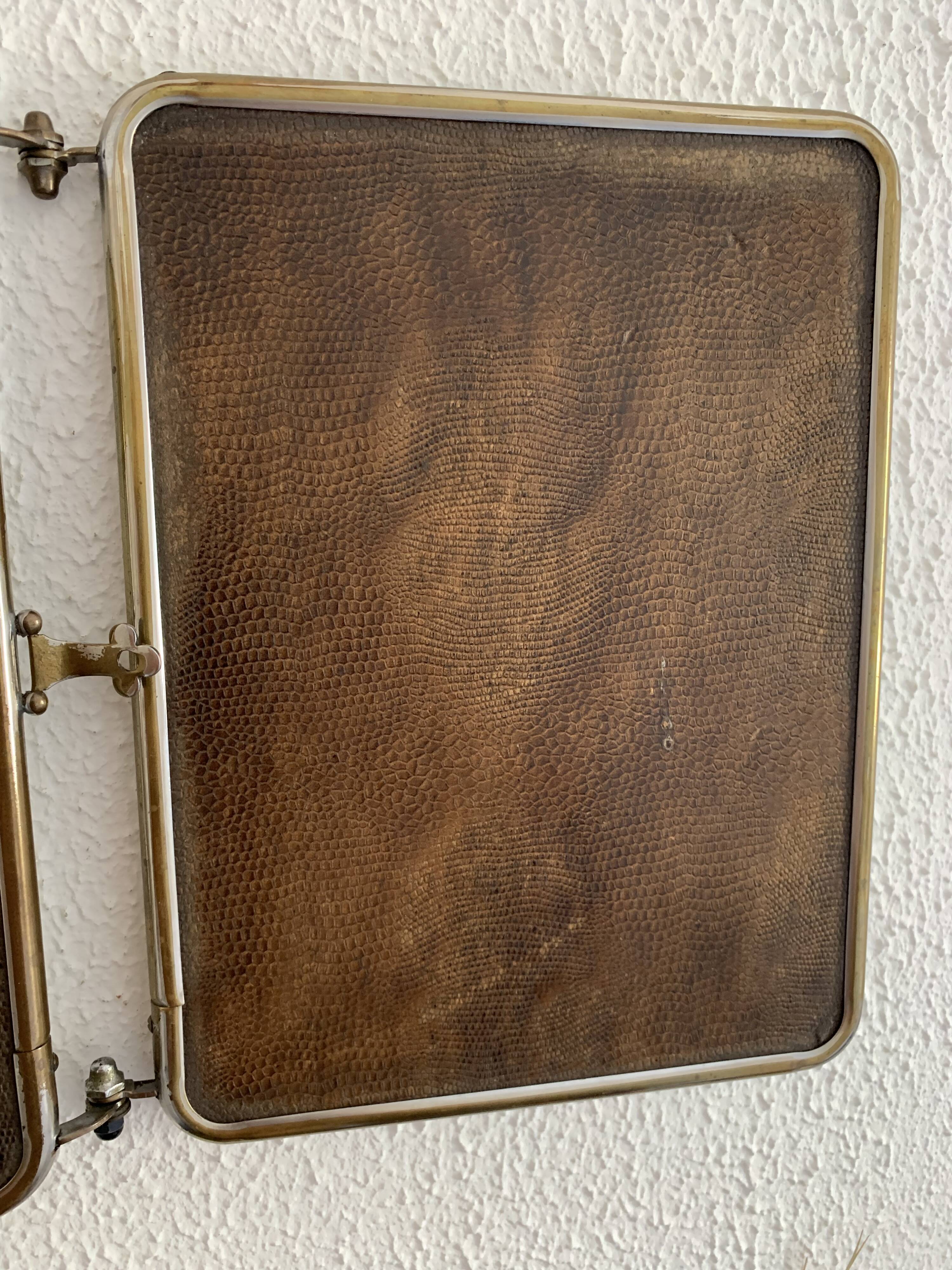 Miroir vintage 1930 triptyque de barbier lézard brun Art Déco - 26 x 61 cm