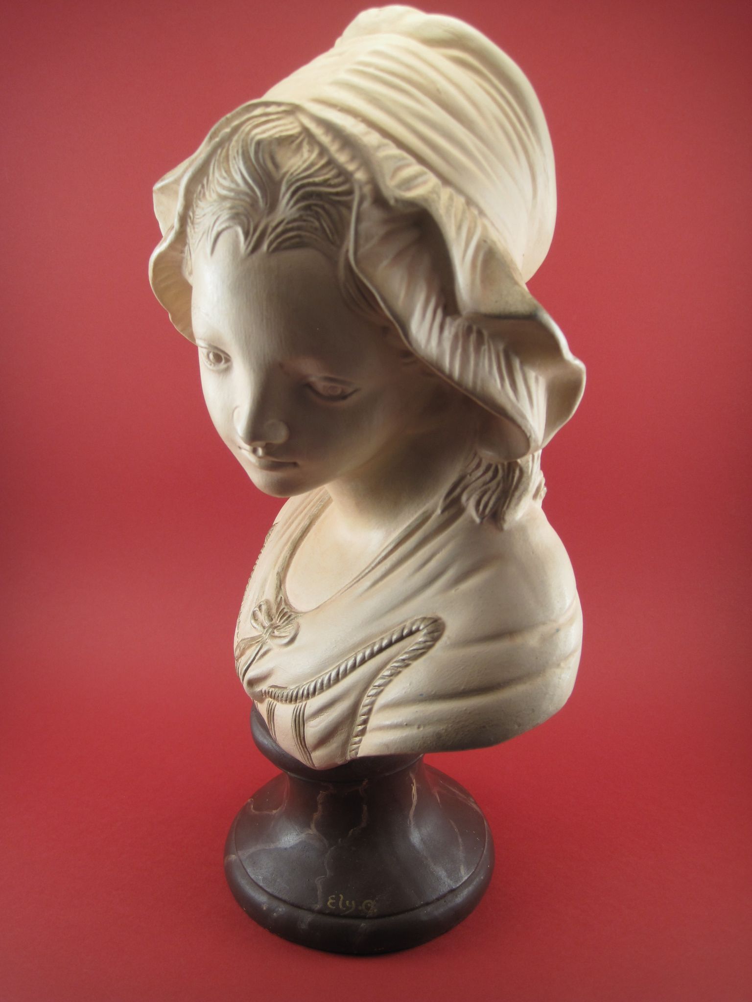 Bust of a young girl in terracotta painted and signed, period early xx th