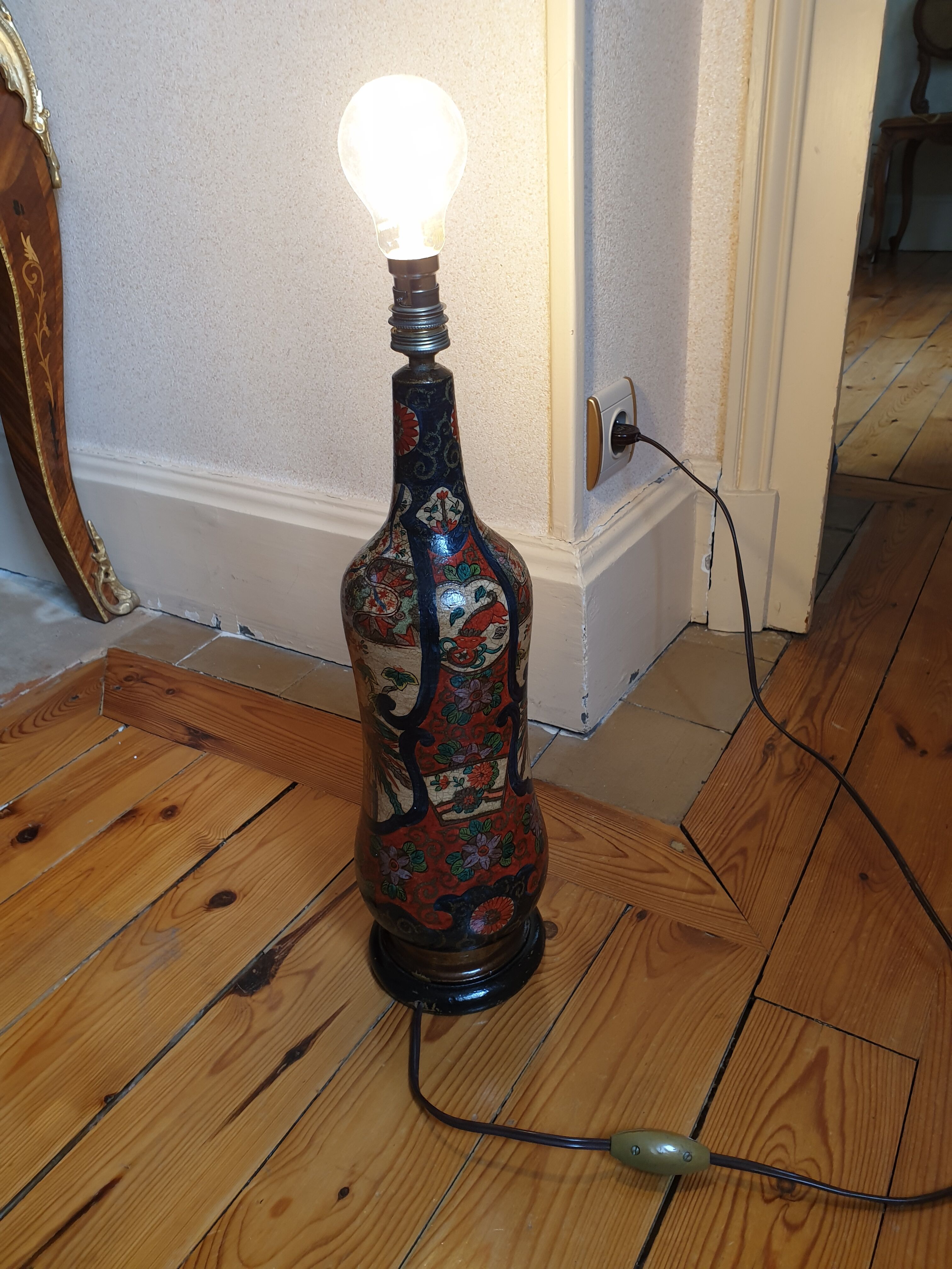Multicolored painted wooden lamp with floral and animal decoration