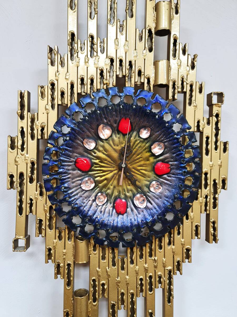 Midcentury Brutalist clock wall sculpture Franco Bastianelli studio Laurane