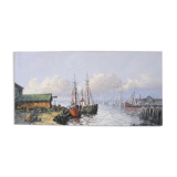 Marine, boats at dock signed Le Bearn, oil on canvas, XXth