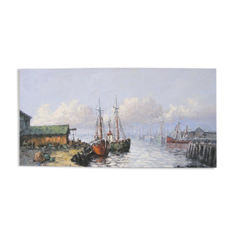 Marine, bateaux à quai signée Le Bearn, huile sur toile, XXe