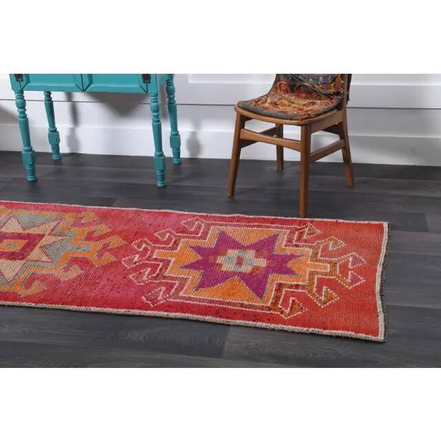 Vintage Turkish Hand-Knotted Wool Cotton Red Runner Rug 88x299