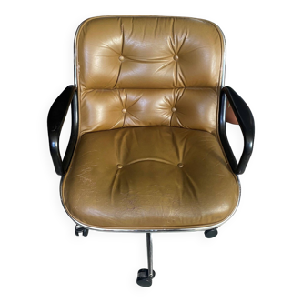 Charles Pollock brown leather office armchair swivel adjustable in height vintage 1970