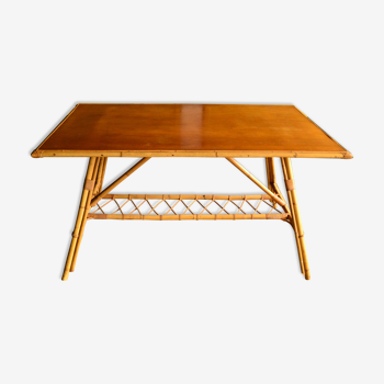 Table bambou bois pied compas années 60