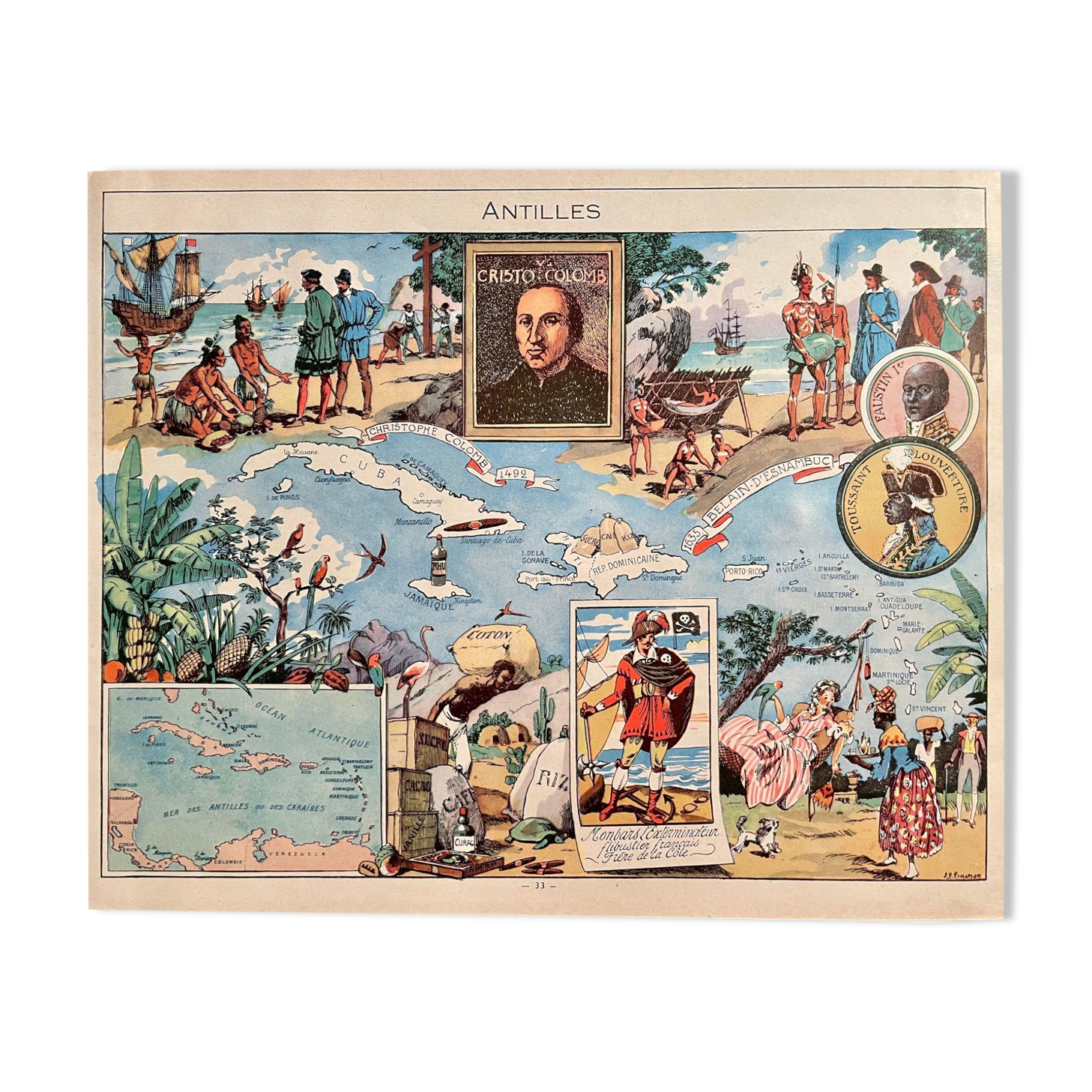 Old poster map of the West Indies - JP Pinchon - 1940