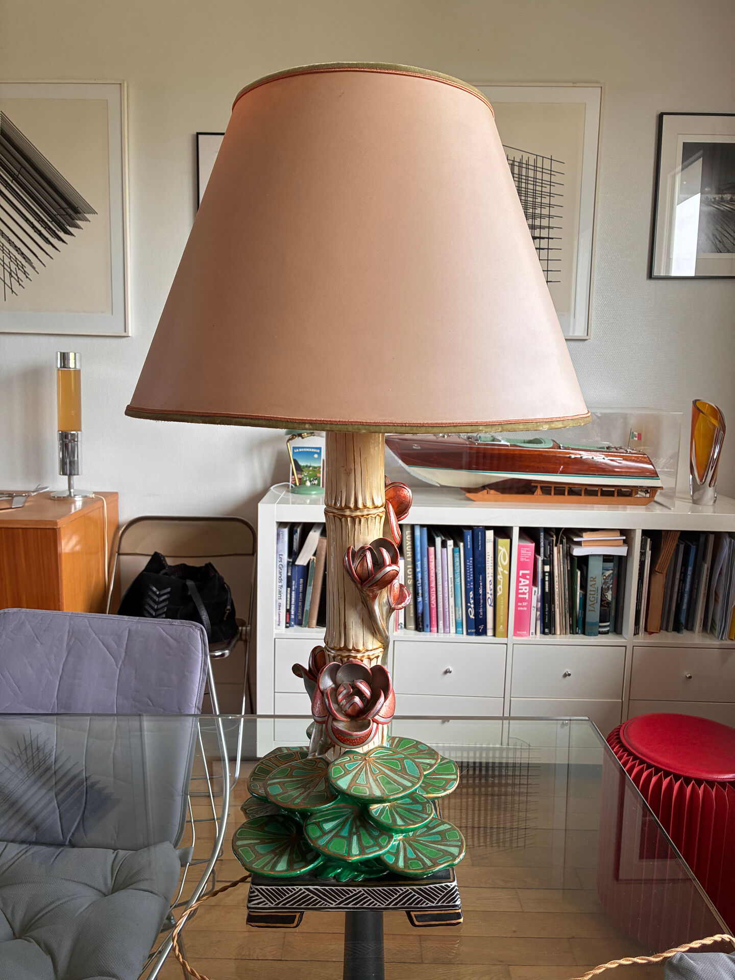 Large ceramic lamp with slip decoration signed F.D.