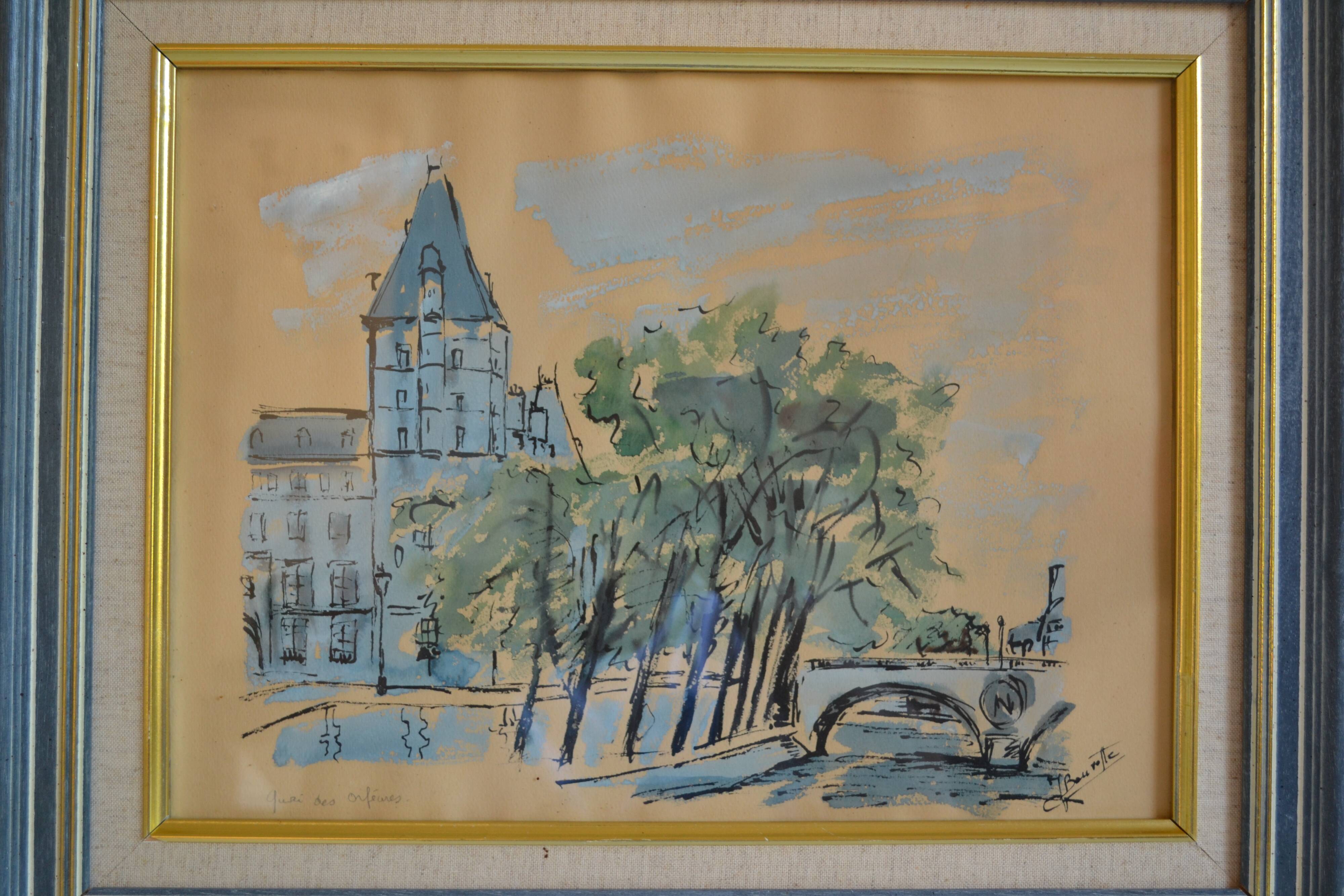 Paris the quai des orfèvres and the pont saint michel painting framed under glass