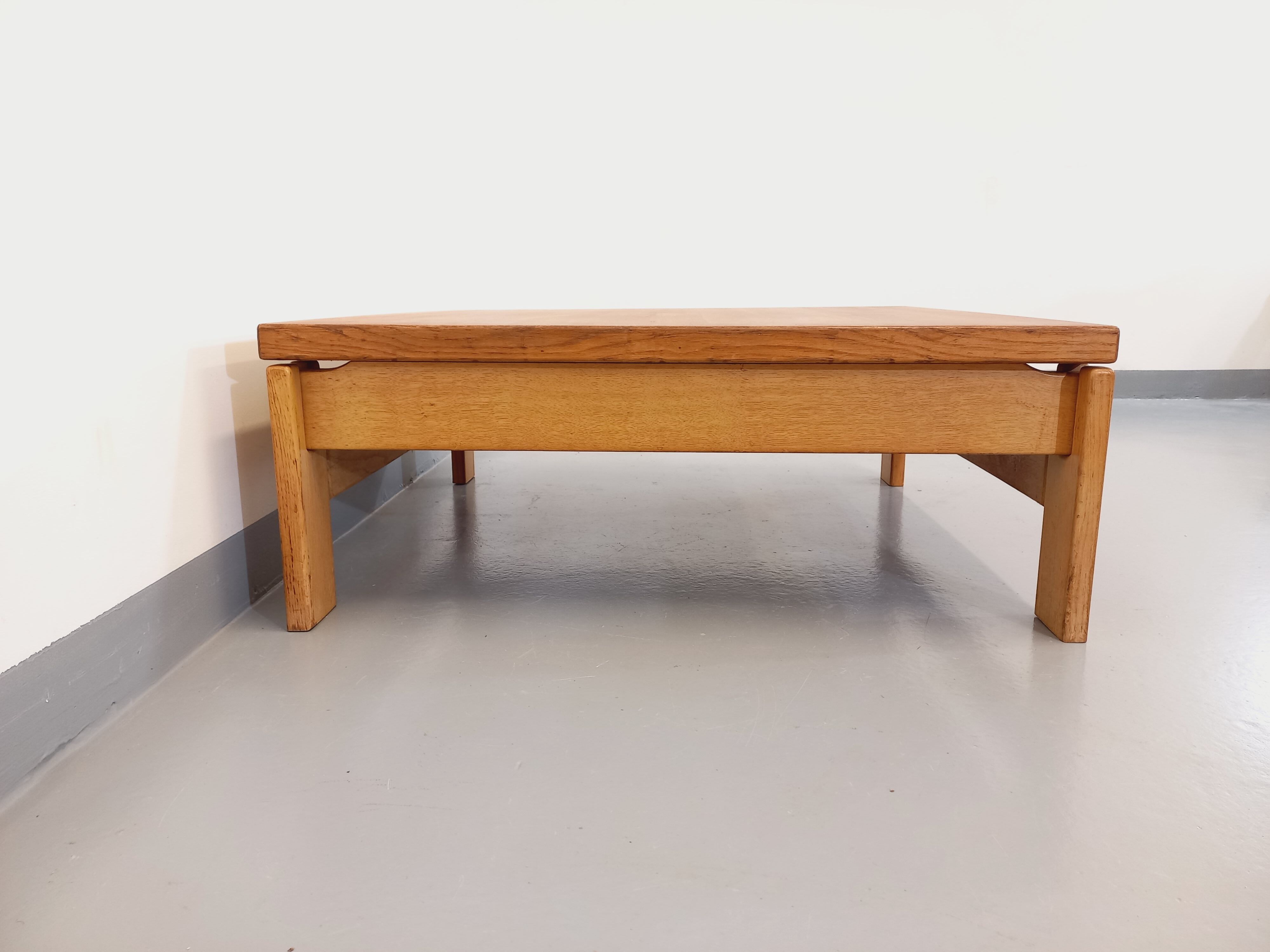 Vintage square coffee table in solid oak wood from the 60s 70s