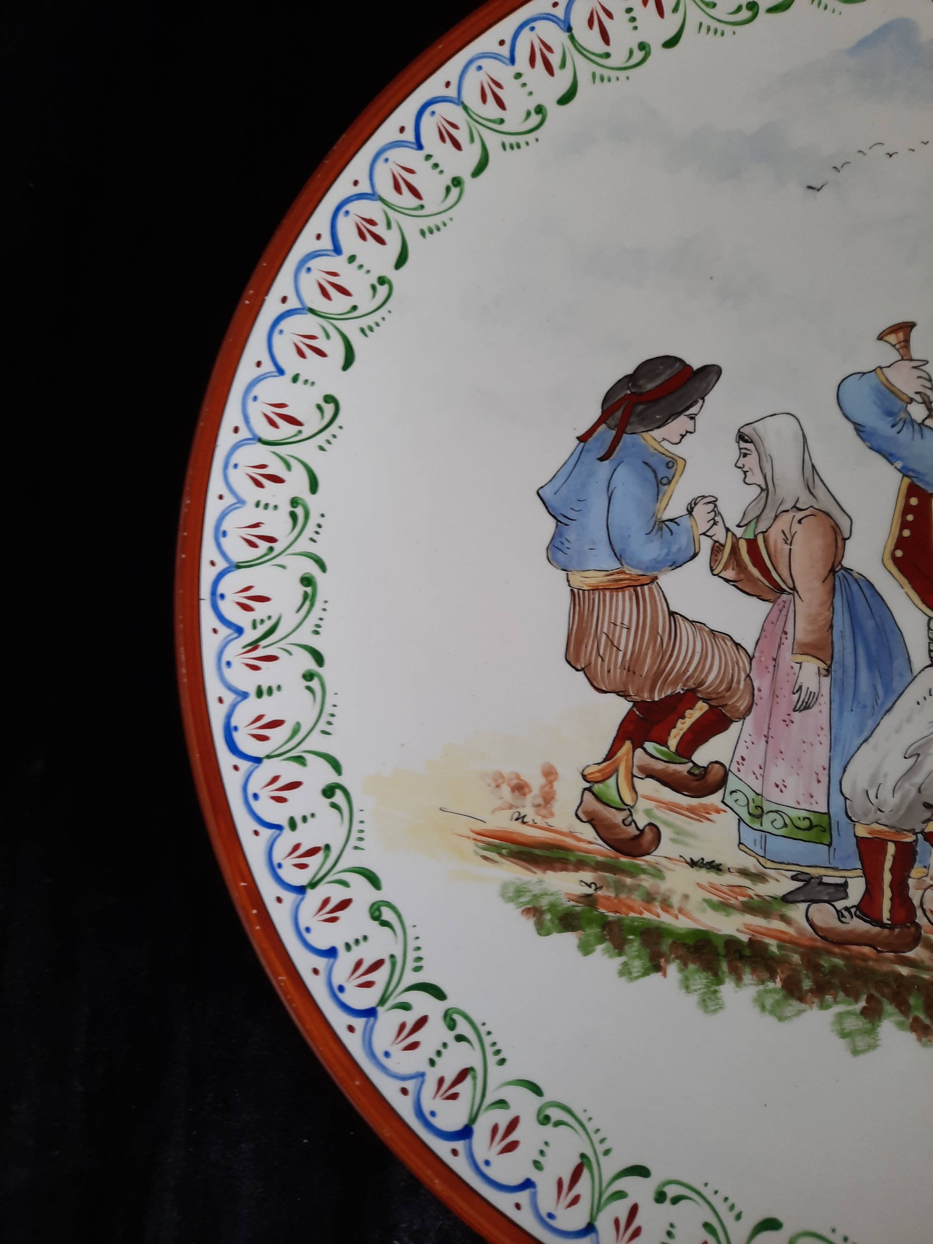Large Round Antique Plate 33 cm Ceramic Pierrefonds - Regional Dance Decoration
