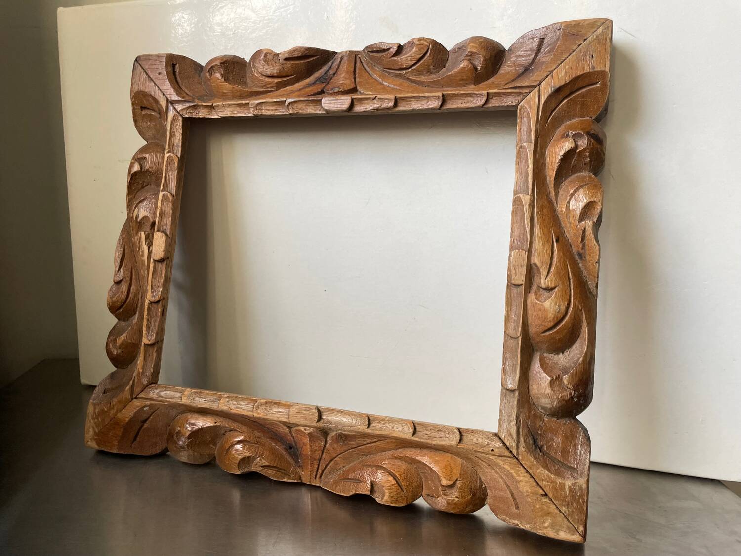 Antique handcarved frame   solid wood 33.5  x 29 cm  opening measurements 23.5 cm x 19 cm cedar wood