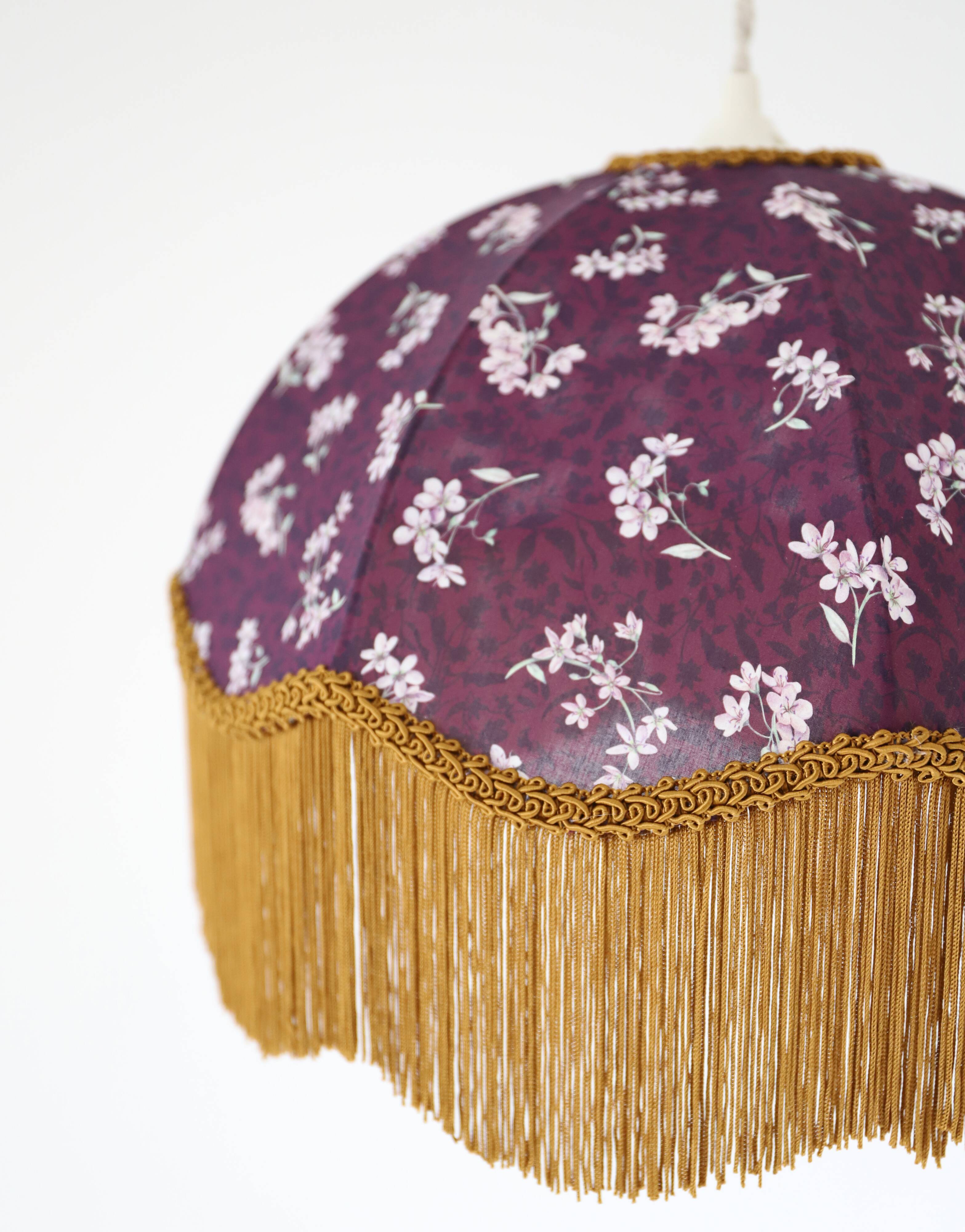 60s-70s pendant light, liberty print umbrella with fringes