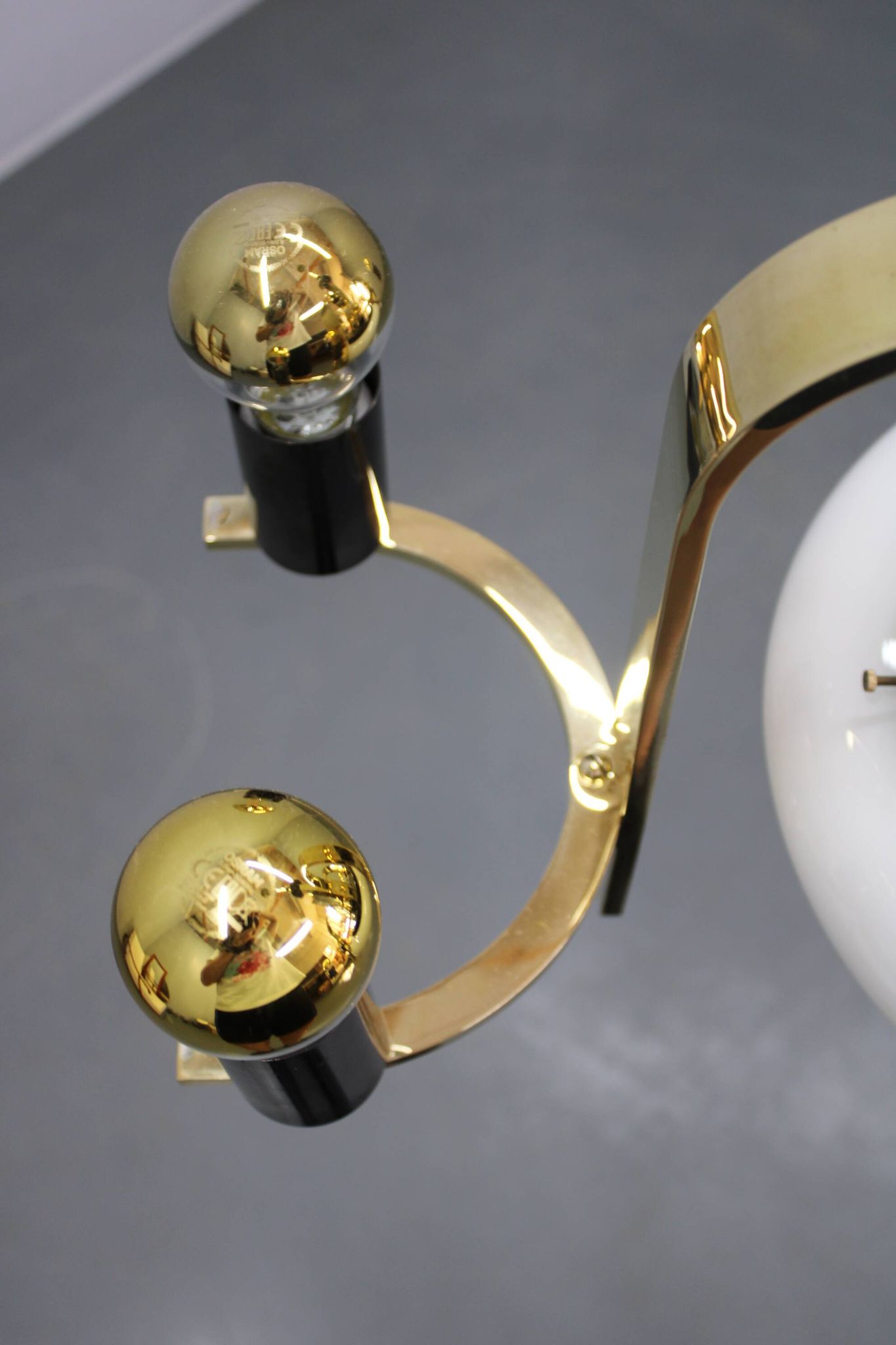 1930s Czech Art Deco brass chandelier with milk glass center and exposed bulbs