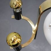 1930s Czech Art Deco brass chandelier with milk glass center and exposed bulbs