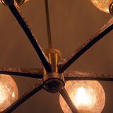 Angelo Brotto for Esperia gold-plated brass chandelier with 6 crackle-glass globes, Italy 1960s