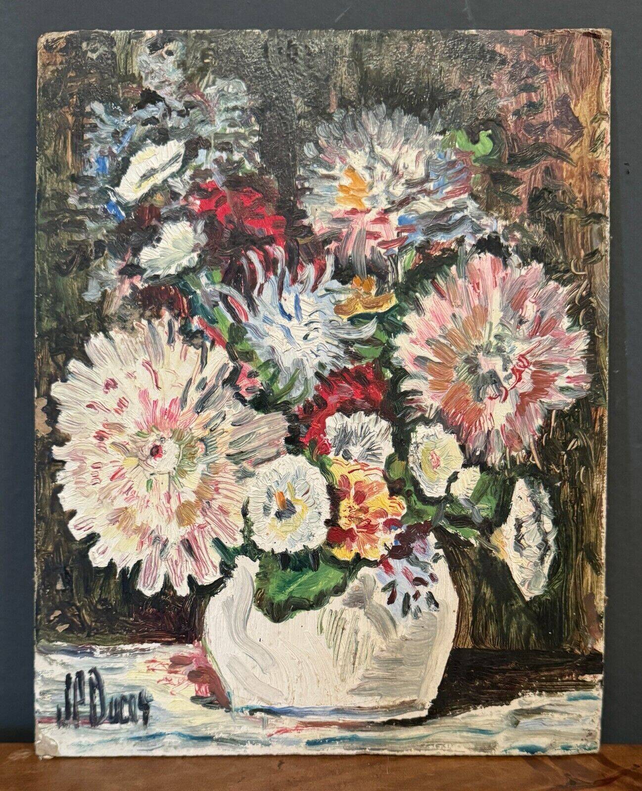 Oil on cardboard by JP Ducas Ducos still life with flowers 20th century