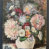 Huile sur carton par J.P. Ducas Ducos nature morte aux fleurs XXe