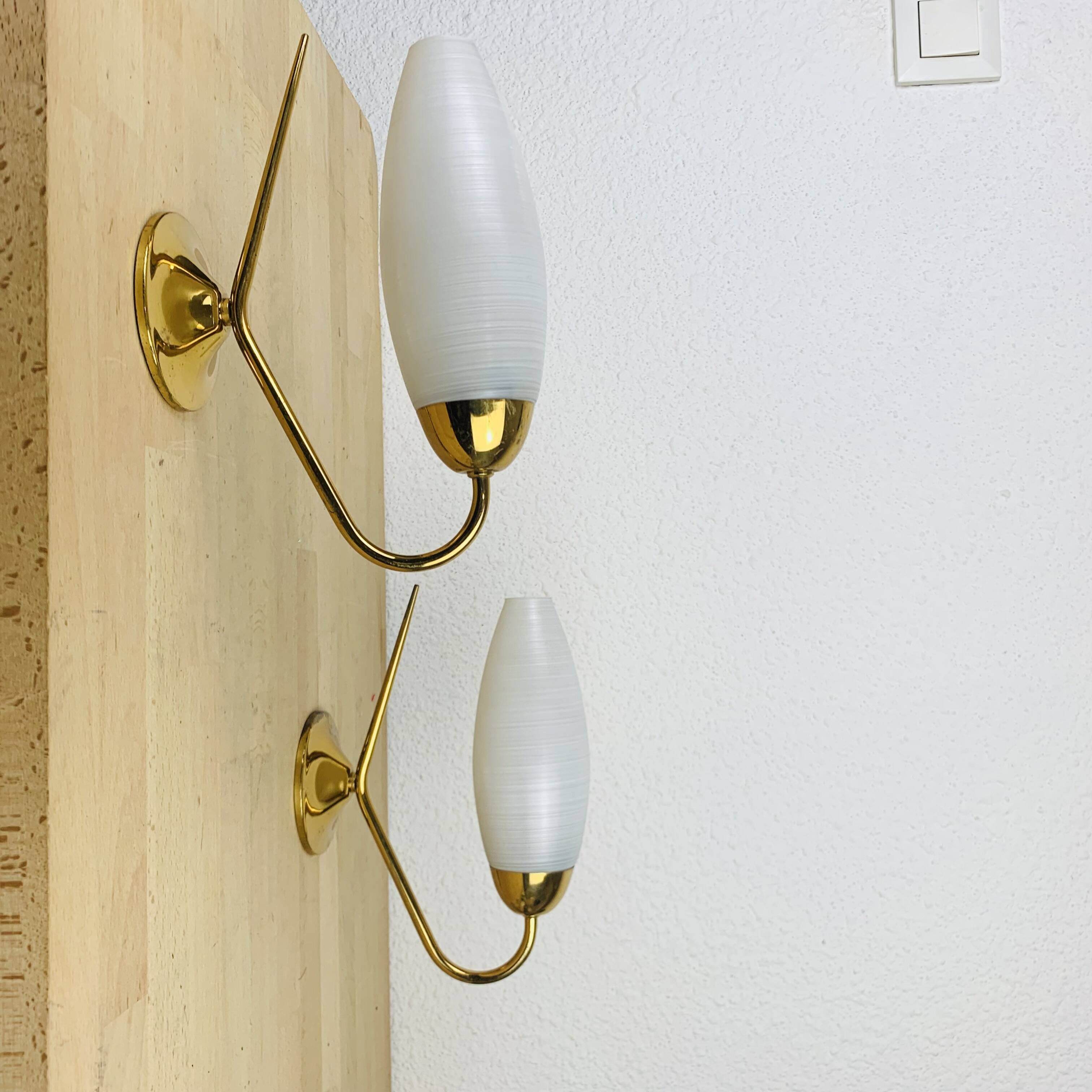 Pair of opaline brass wall lights from the 50s, Arlus, Lunel